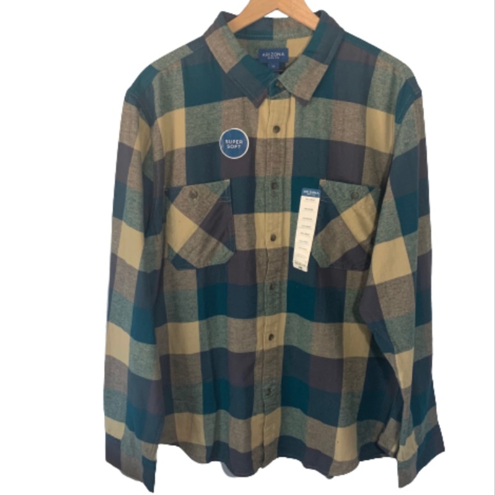 Arizona Jean Co NWT Teal Gold Plaid Super Soft Button Down Shirt Men's XXL